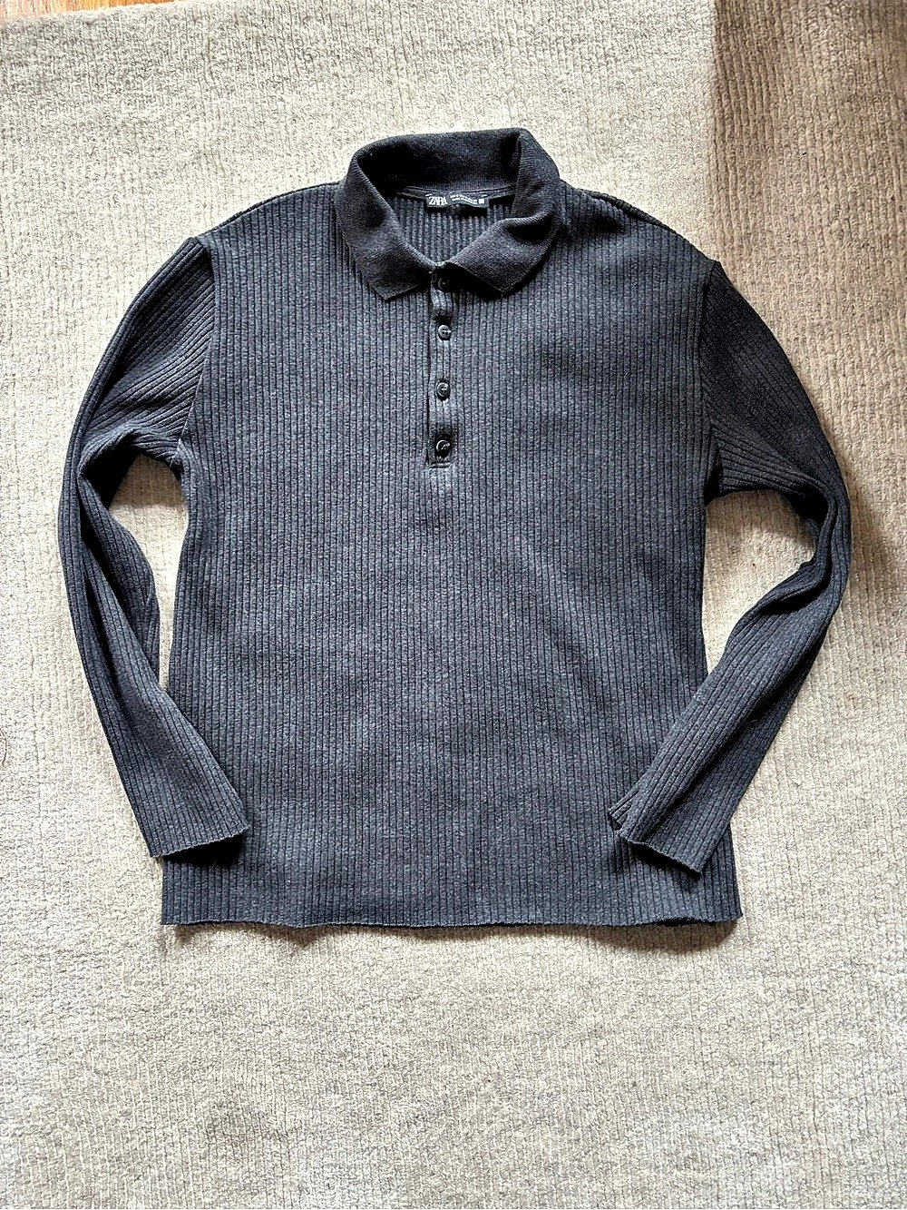 Zara Ribbed Long Sleeve Polo Dark Gray S